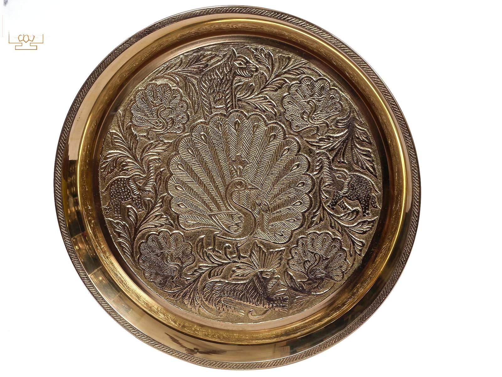9" Brass Peacock Design Plate: Description: This designer brass plate is a Pooja Thal. It is an item used in traditional Indian temples and personal worship spaces to serve food to the deities. Other ceremonial requirements like