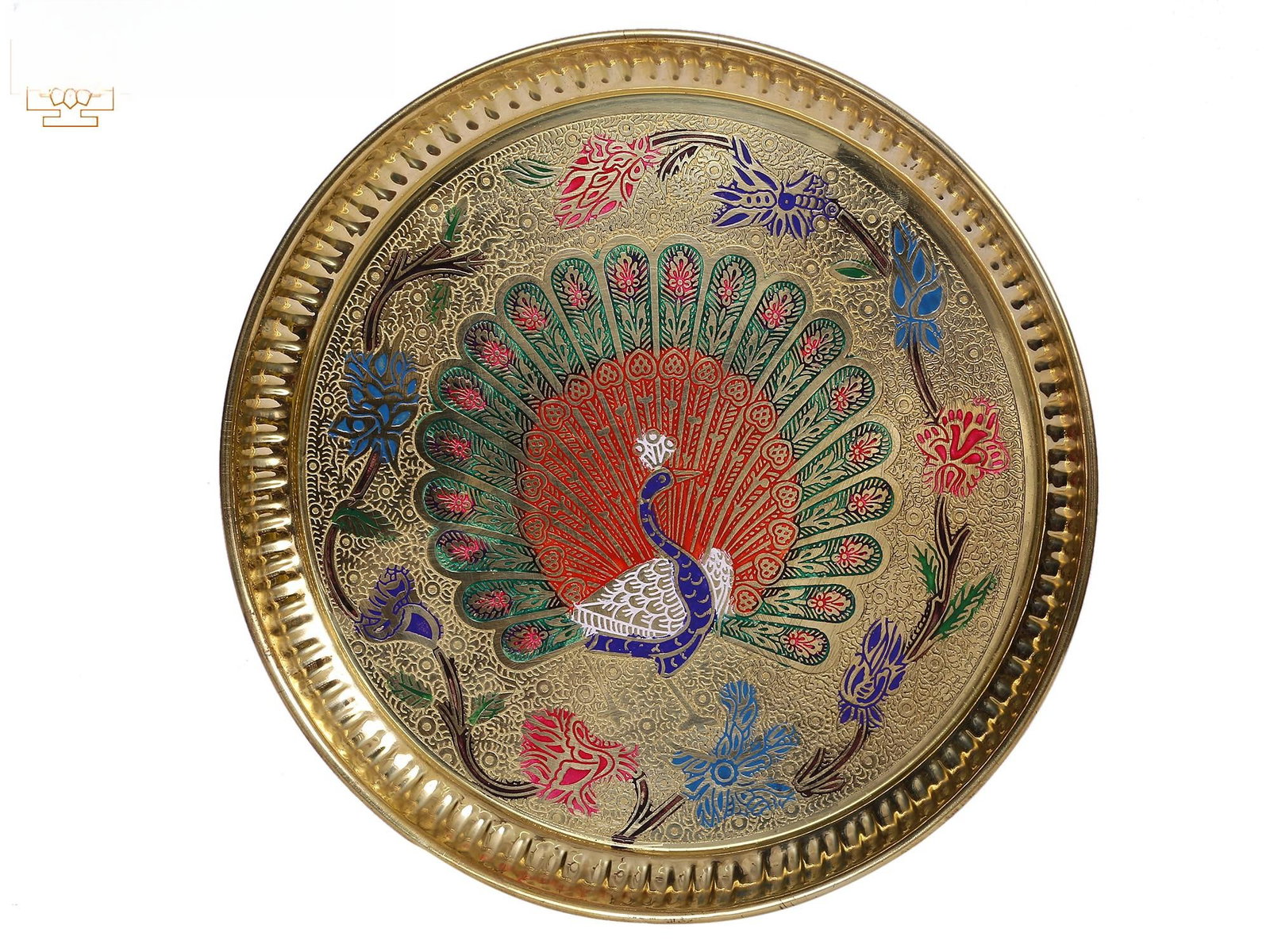 9" Colorful Peacock Design Plate in Brass: Description: This magnificent plate has a captivating peacock pattern that has been painstakingly carved in brass and is embellished with brilliant hues. The beautiful handiwork is evidence of the