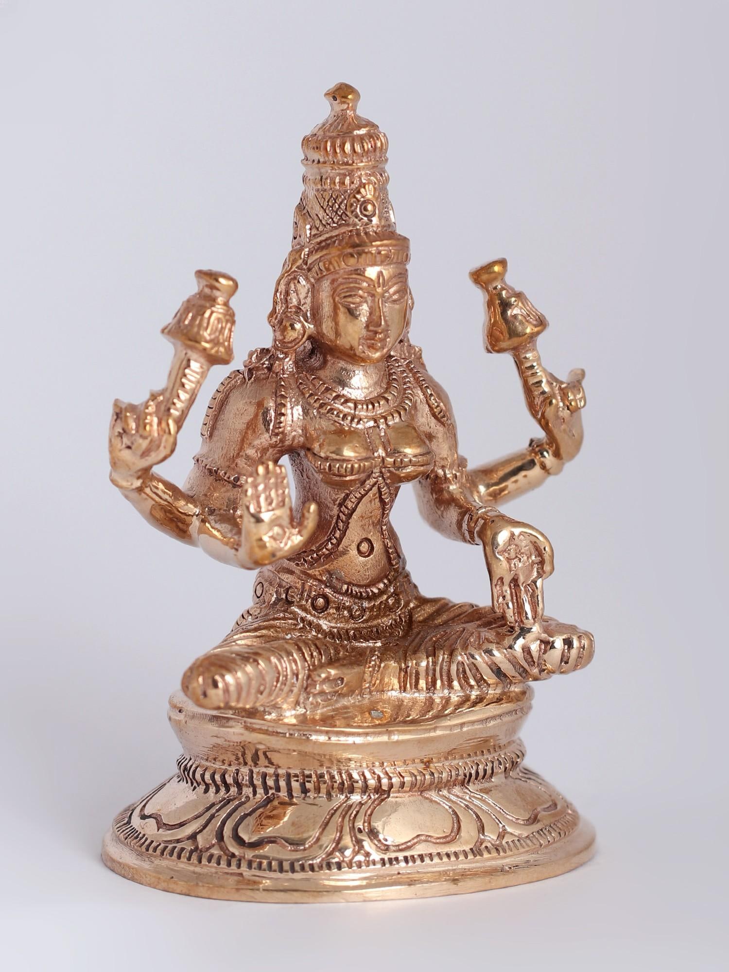 3" Bronze Goddess Lakshmi Statue Seated on Pedestal - 2