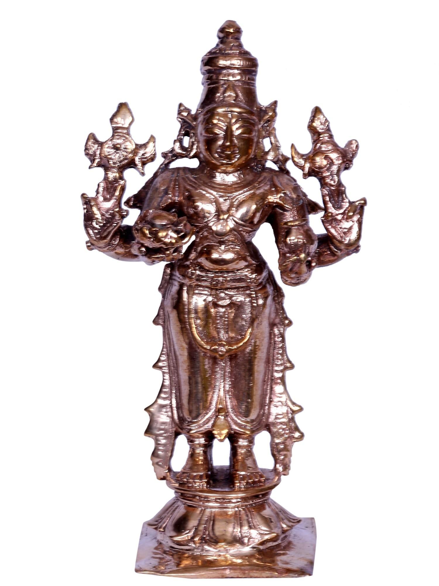 4'' Small Standing Lord Vishnu (Perumal) Statue | Madhuchista Vidhana (Lost-Wax) | Panchaloha Bronze: Description: In this bronze rendition, Lord Vishnu, “also known as Perumal”, emerges as a sublime embodiment of cosmic grace. Elevated upon a lotus pedestal, his majestic form radiates