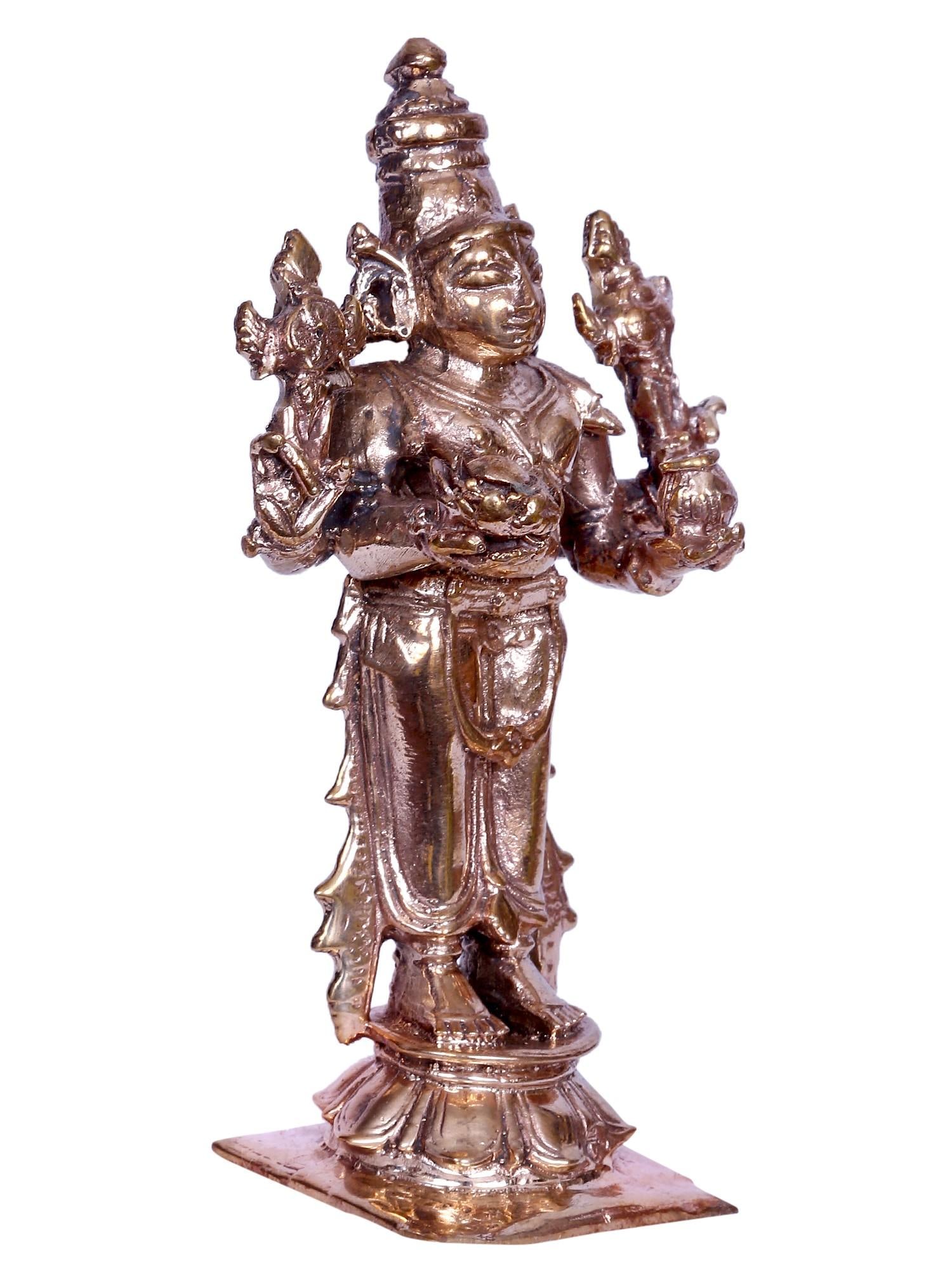 4'' Small Standing Lord Vishnu (Perumal) Statue | Madhuchista Vidhana (Lost-Wax) | Panchaloha Bronze - 2