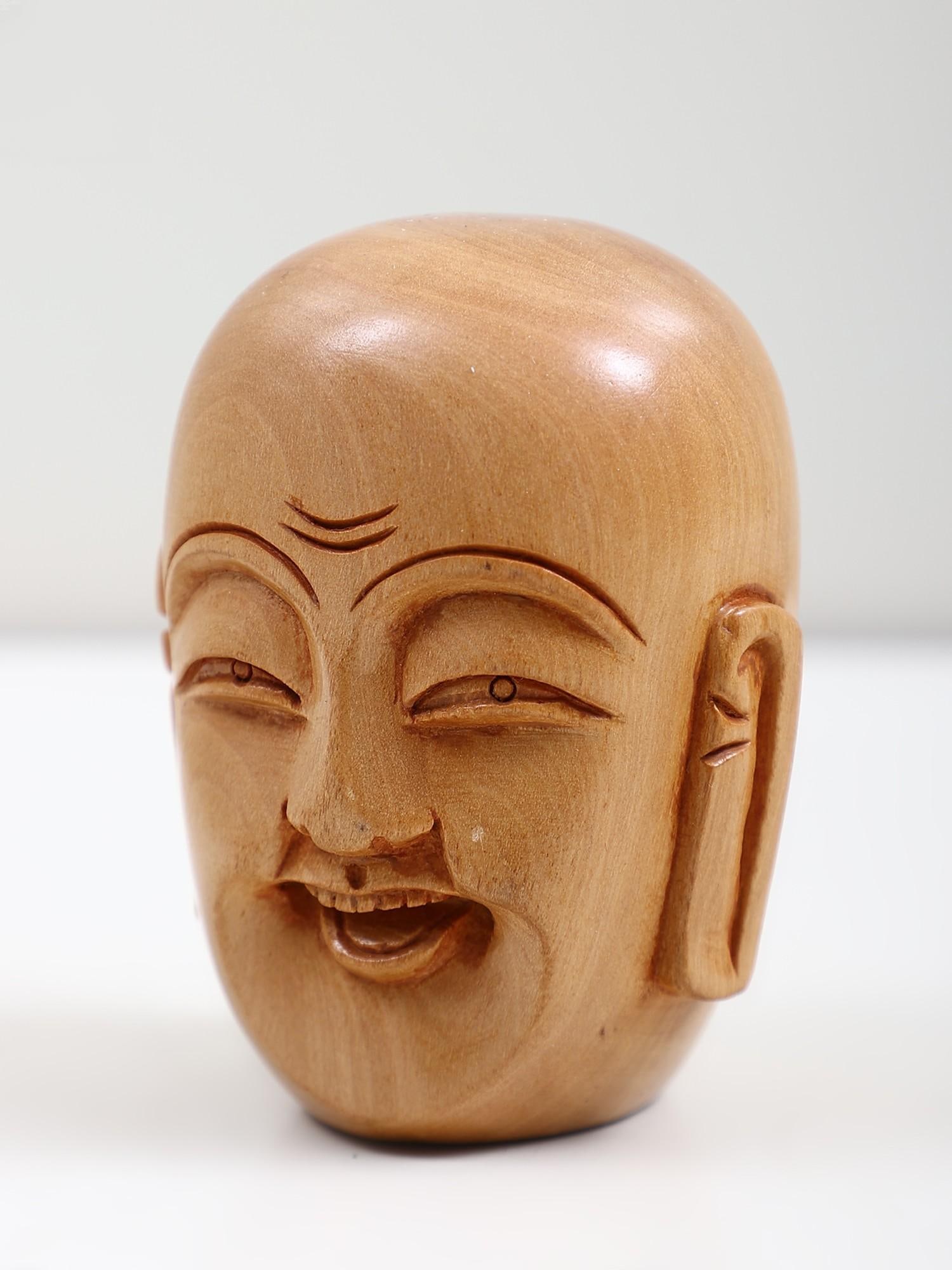 3" Small Wooden Laughing Buddha Head Idol - 2