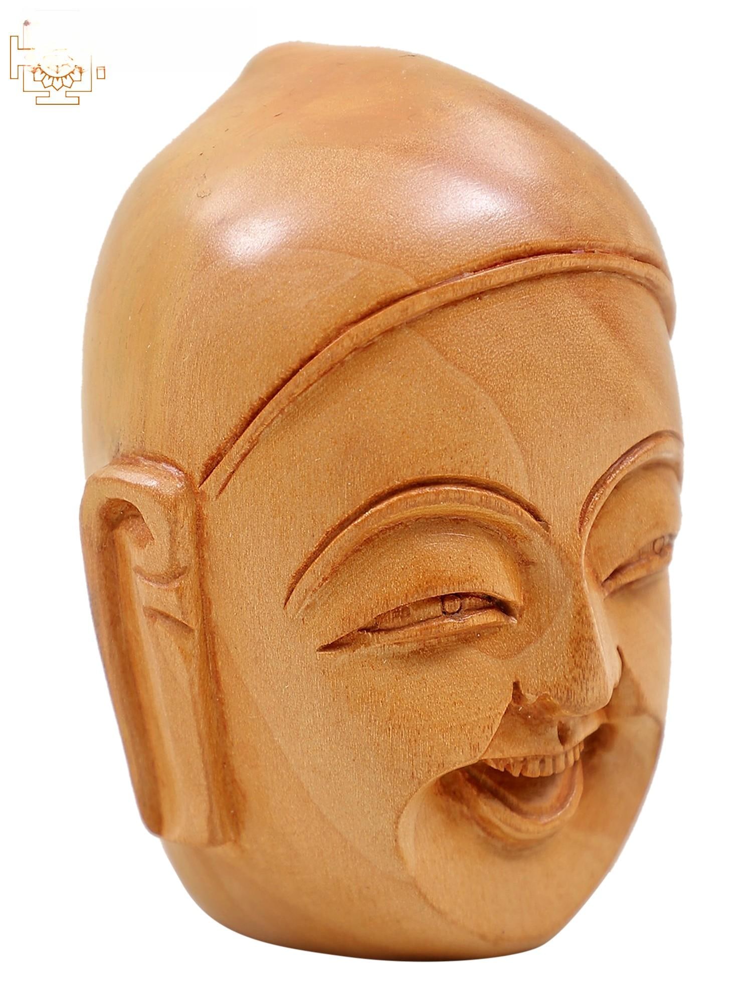 3" Small Wooden Laughing Buddha Head Statue - 2