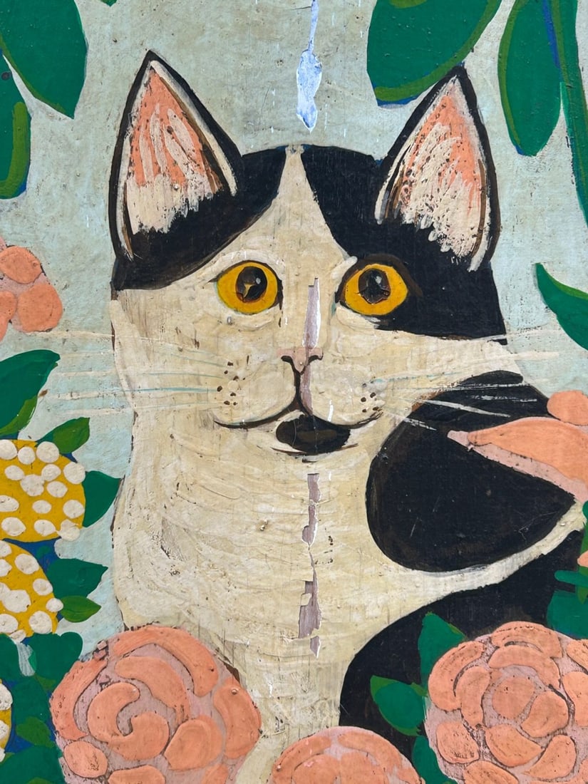 Vintage Folk Art Cat Painting on Wood, Signed "Ginny" - 2