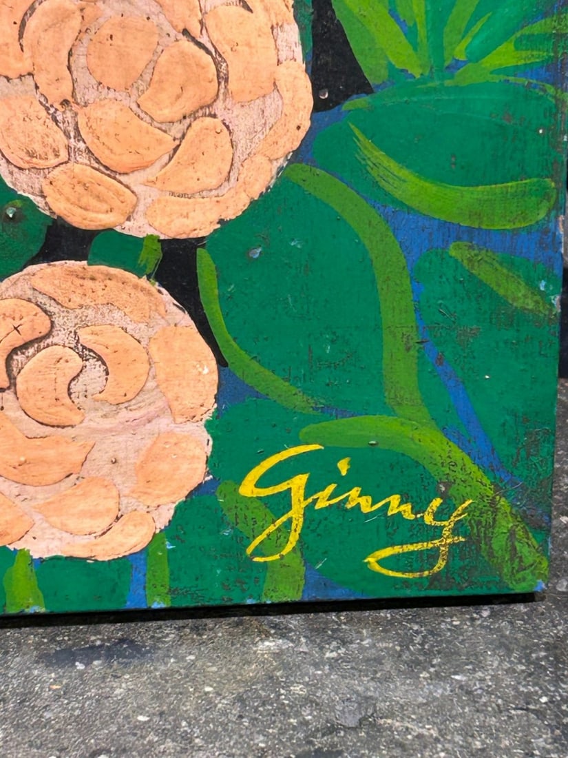 Vintage Folk Art Cat Painting on Wood, Signed "Ginny" - 3