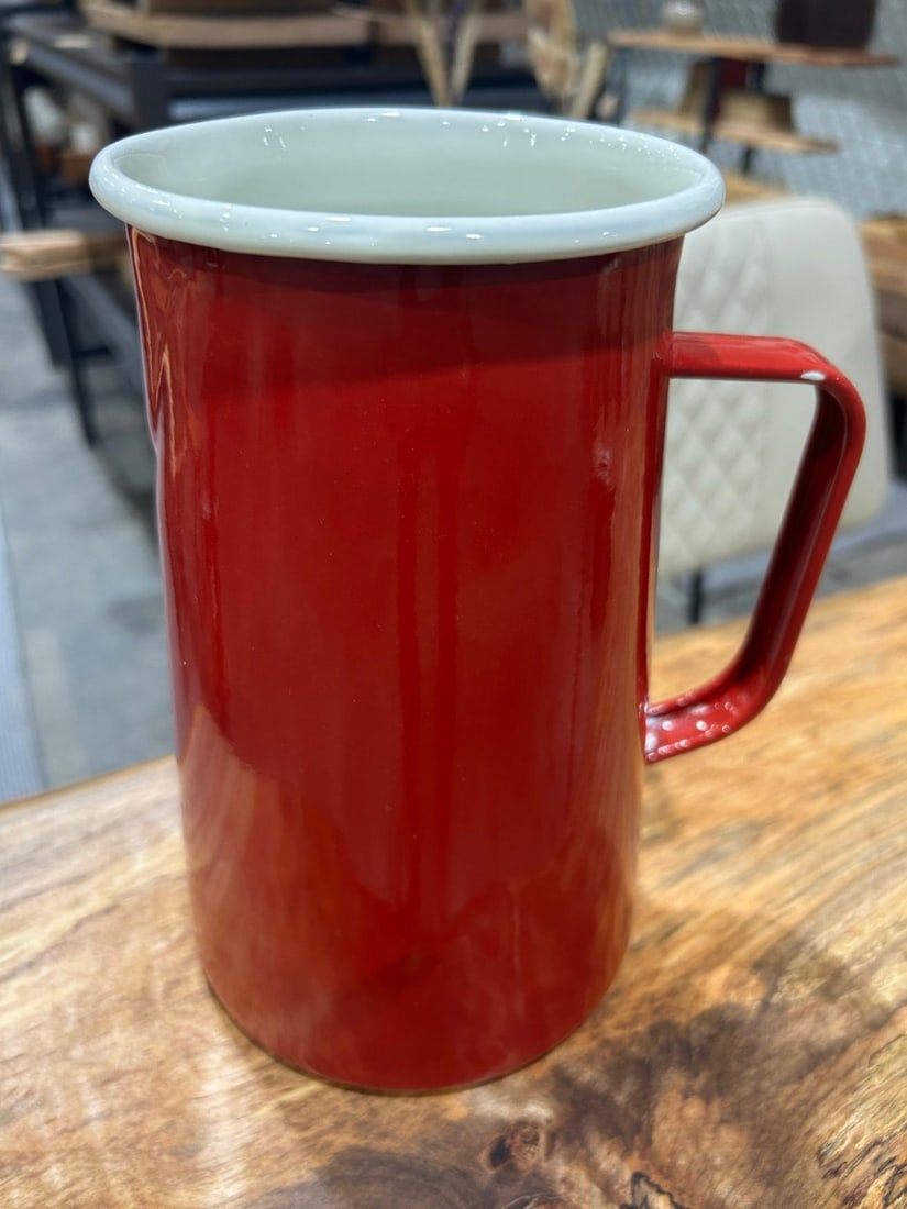 Vintage Red Enamelware Pitcher - 2