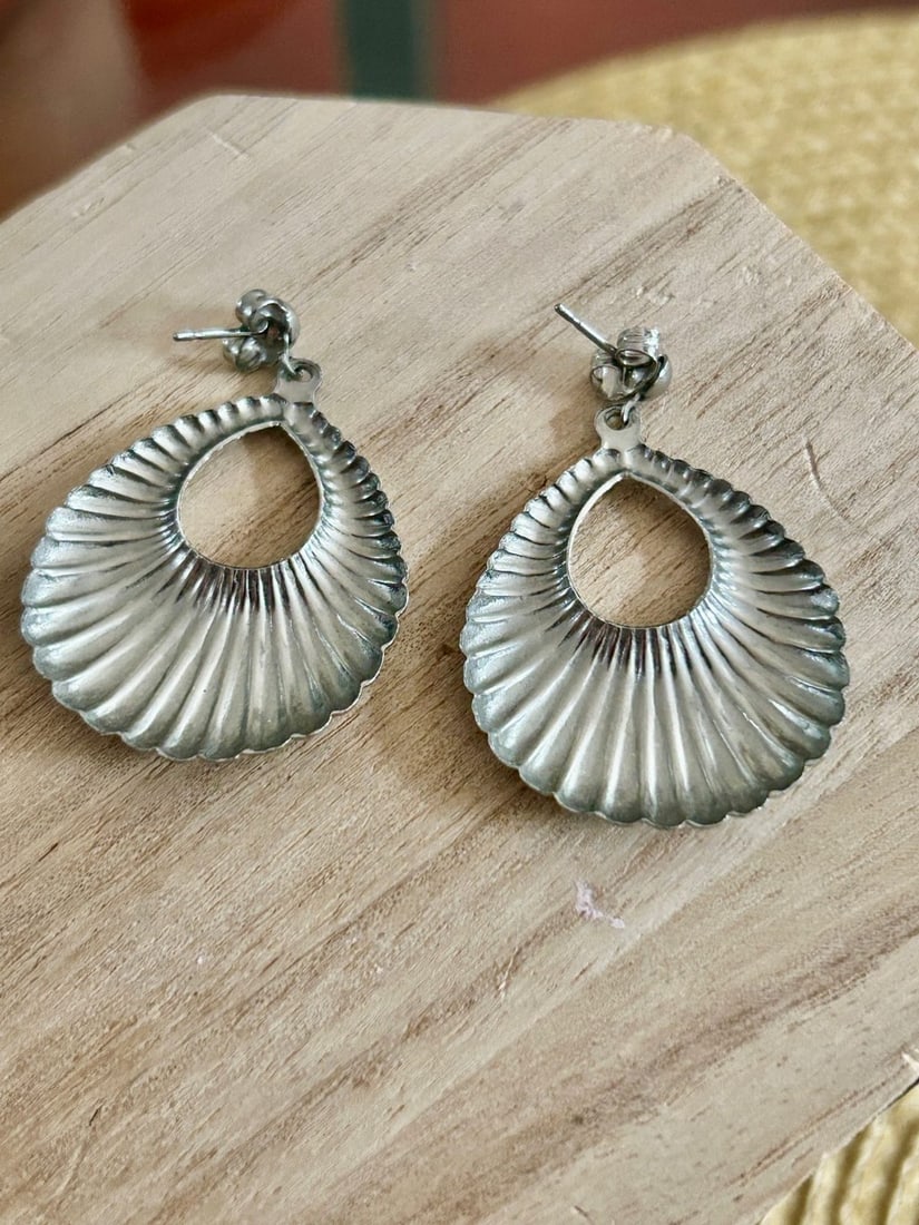 Silver-Tone Fluted Teardrop Earrings - 2