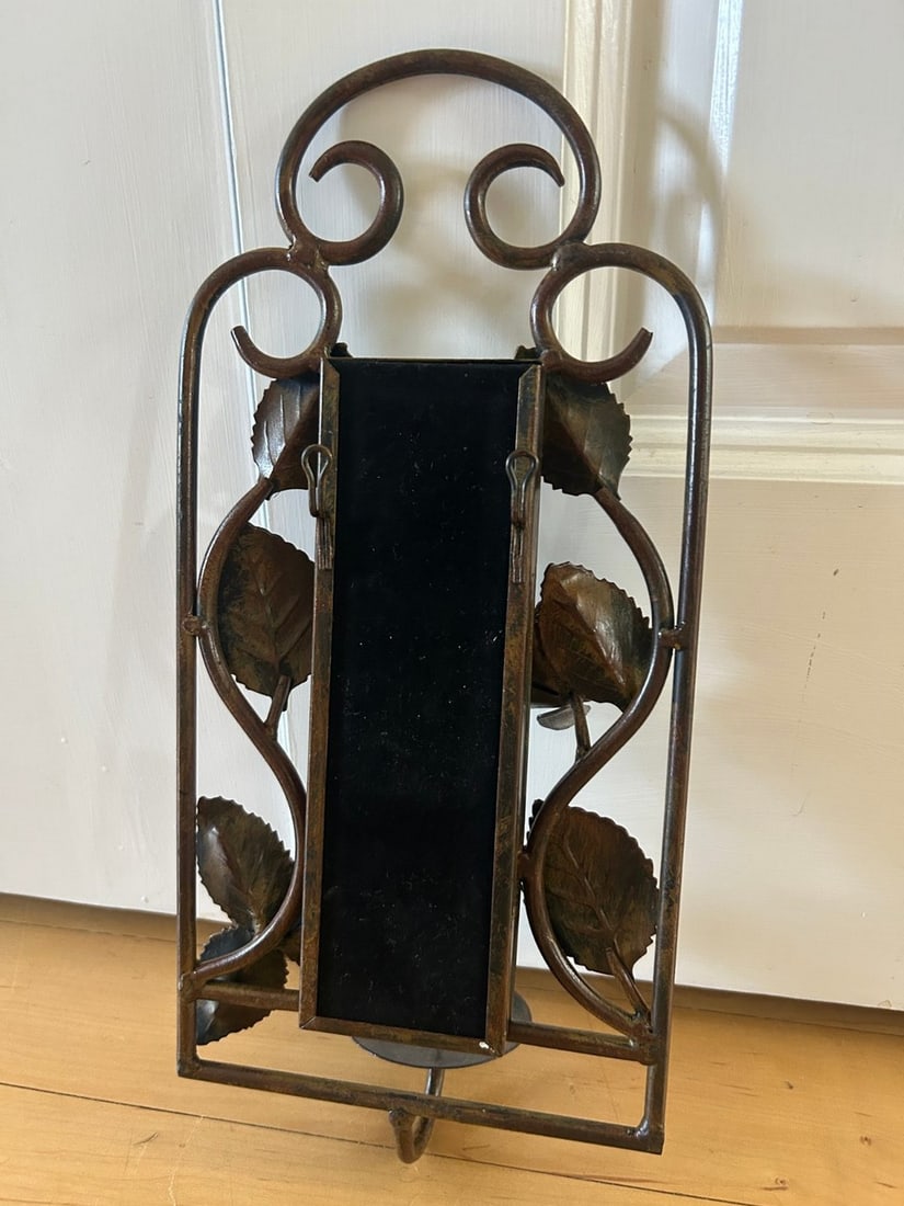 Rustic Wrought Iron Wall Sconce with Mirror and Floral Accents - 2