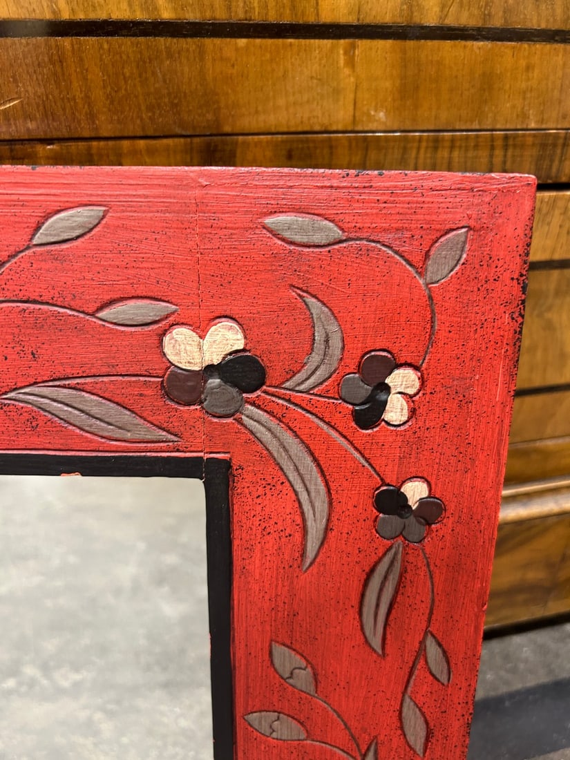 Folk Art Hand-Painted Red Floral Wall Mirror - 2