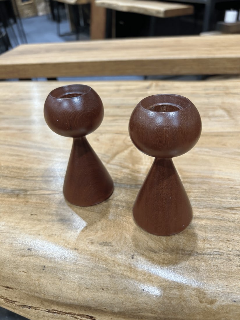 Pair of Mid-Century Modern Teak Candle Holders - 4