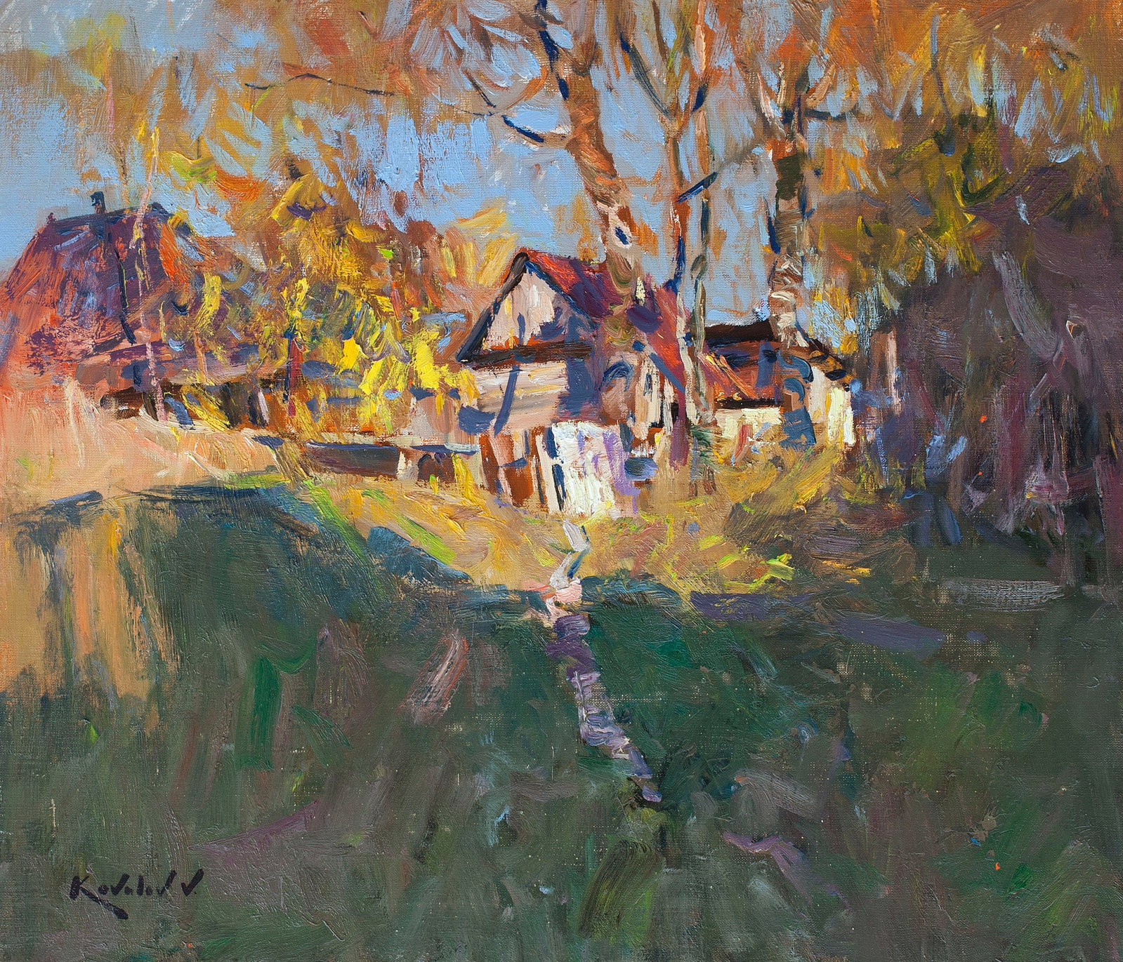 Oil painting autumn evening Kovaliov V.: Title: Oil painting autumn evening Kovaliov V. Description: 9KV Painter: Kovaliov V. Size: 60x70 cm/23.6x27.6 inches Components: oil, canvas Original painting from our collection ERA: 2015 Short