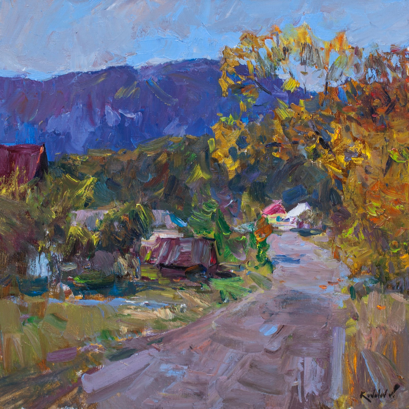 Oil painting road to the mountains Ukrainian Artist: Title: Oil painting road to the mountains Ukrainian Artist Description: 50KV Painter: Kovaliov V. Size: 60x60 cm/23.6x23.6 inches Components: oil, canvas Original painting from our collection ERA: