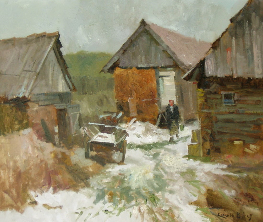Oil painting The begining of winter Ukrainian Artist: Title: Oil painting The begining of winter Ukrainian Artist Description: 72KV Painter: Kovaliov V. Size: 60x70 cm/23.6x27.6 inches Components: oil, canvas Original painting from our collection ERA: 20
