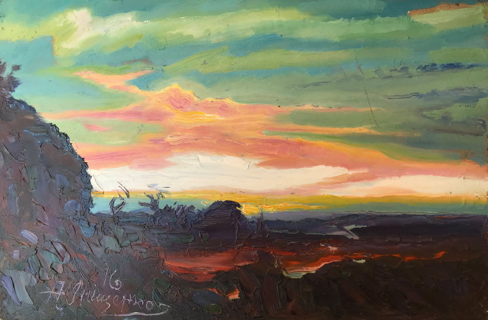 Abstract Oil painting Evening in Poltava Onyshchenko: Title: Abstract Oil painting Evening in Poltava Onyshchenko Description: 10ON Painter: Onyshchenko Anatoly Ivanovich Size: 27x41,5 cm/ 10.62x16.33 inches Components: oil, cardboard Original painting C