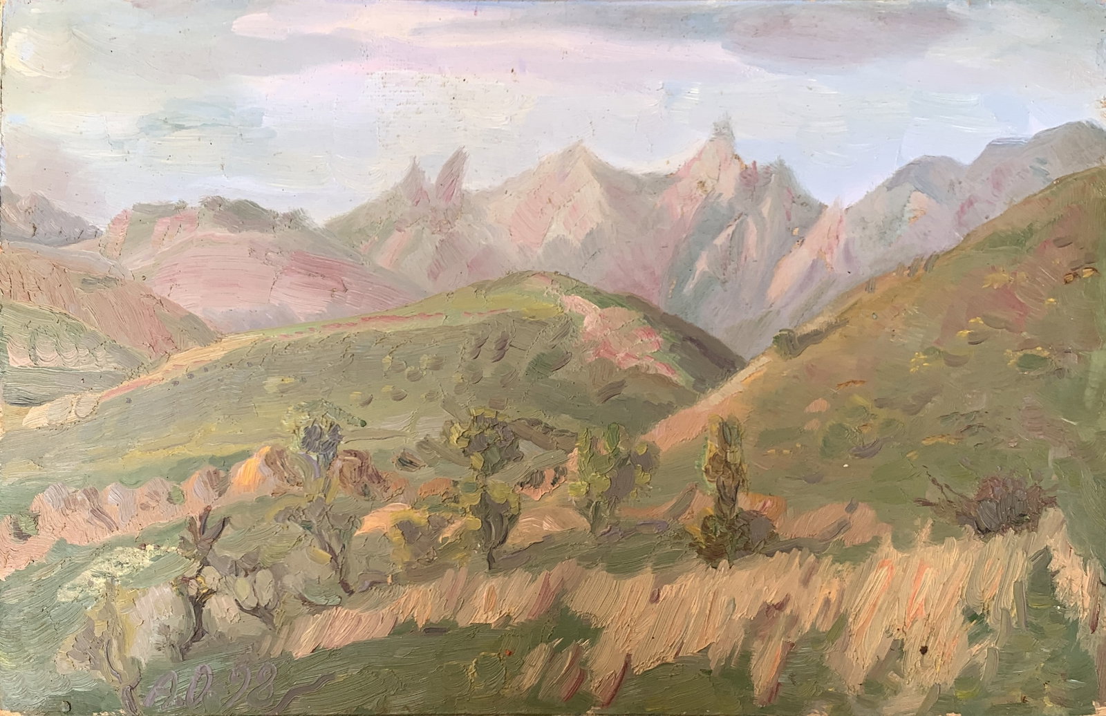 Oil painting Summer in the mountains Onyshchenko: Title: Oil painting Summer in the mountains Onyshchenko Description: 24ON Painter: Onyshchenko Anatoly Ivanovich Size: 27x42 cm/ 10,63x16,53 inches Components: oil, fiberboard Original painting CONDIT
