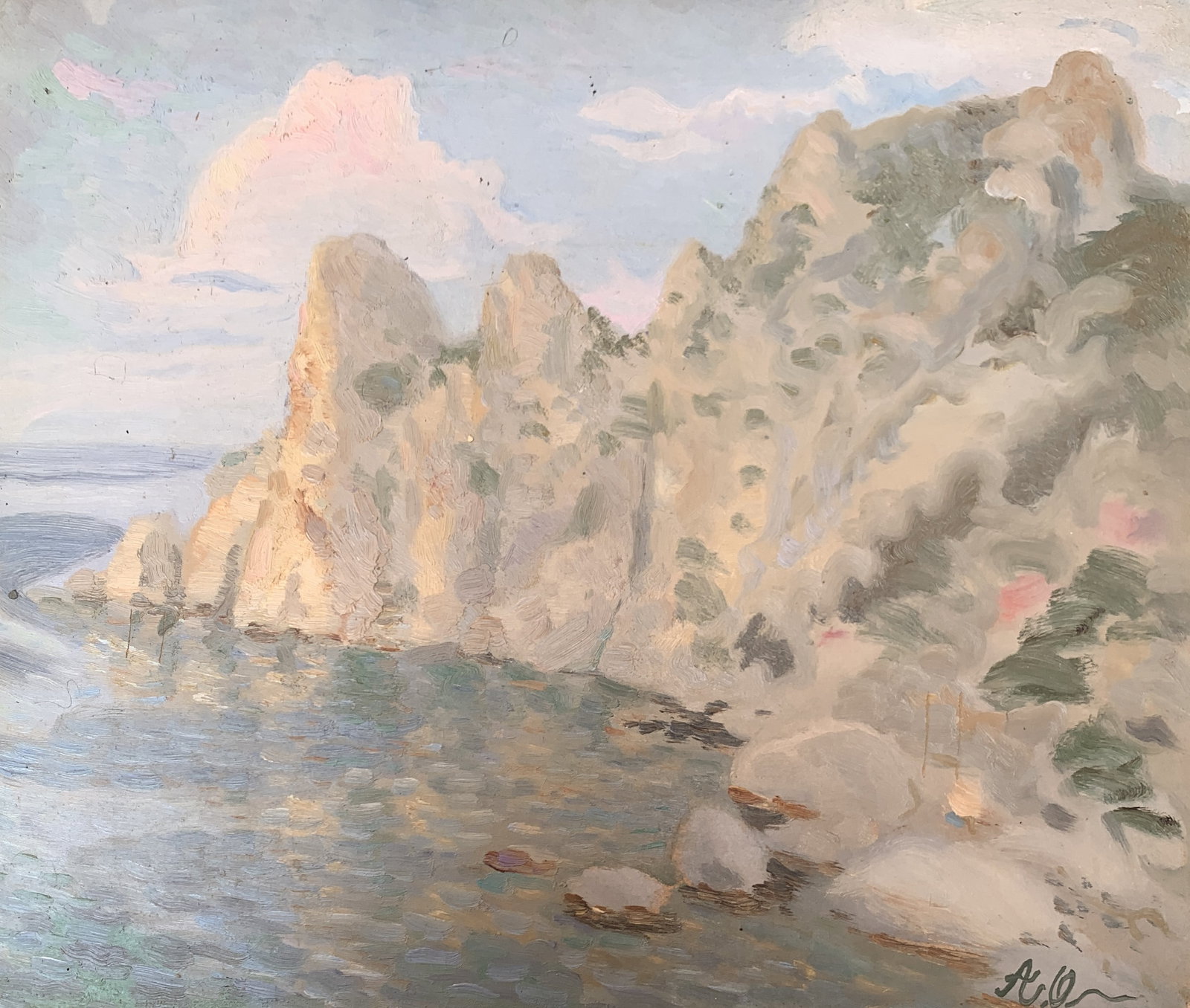 Oil painting Rocks in the morning Onyshchenko: Title: Oil painting Rocks in the morning Onyshchenko Description: 28ON Painter: Onyshchenko Anatoly Ivanovich Size: 36x42 cm/ 14,17x16,53 inches Components: oil, fiberboard Original painting