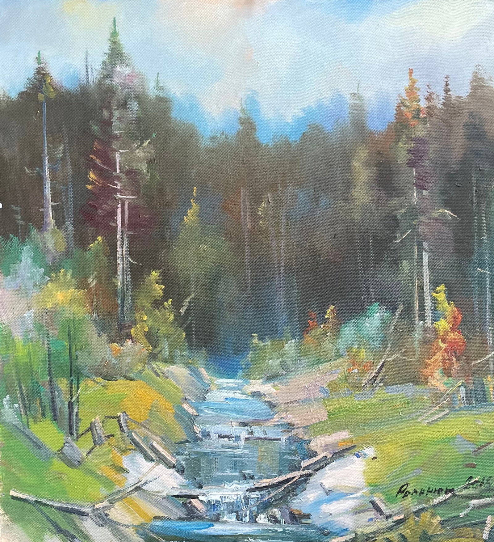Oil painting Stream Ivan Romanyuk: Title: Oil painting Stream Ivan Romanyuk Description: 23ROM Painter: Ivan Romanyuk Size: 65x60 cm/25,5x23,6 inches Components: oil, canvas Original painting CONDITION: exellent ARTIST: A native of Iva