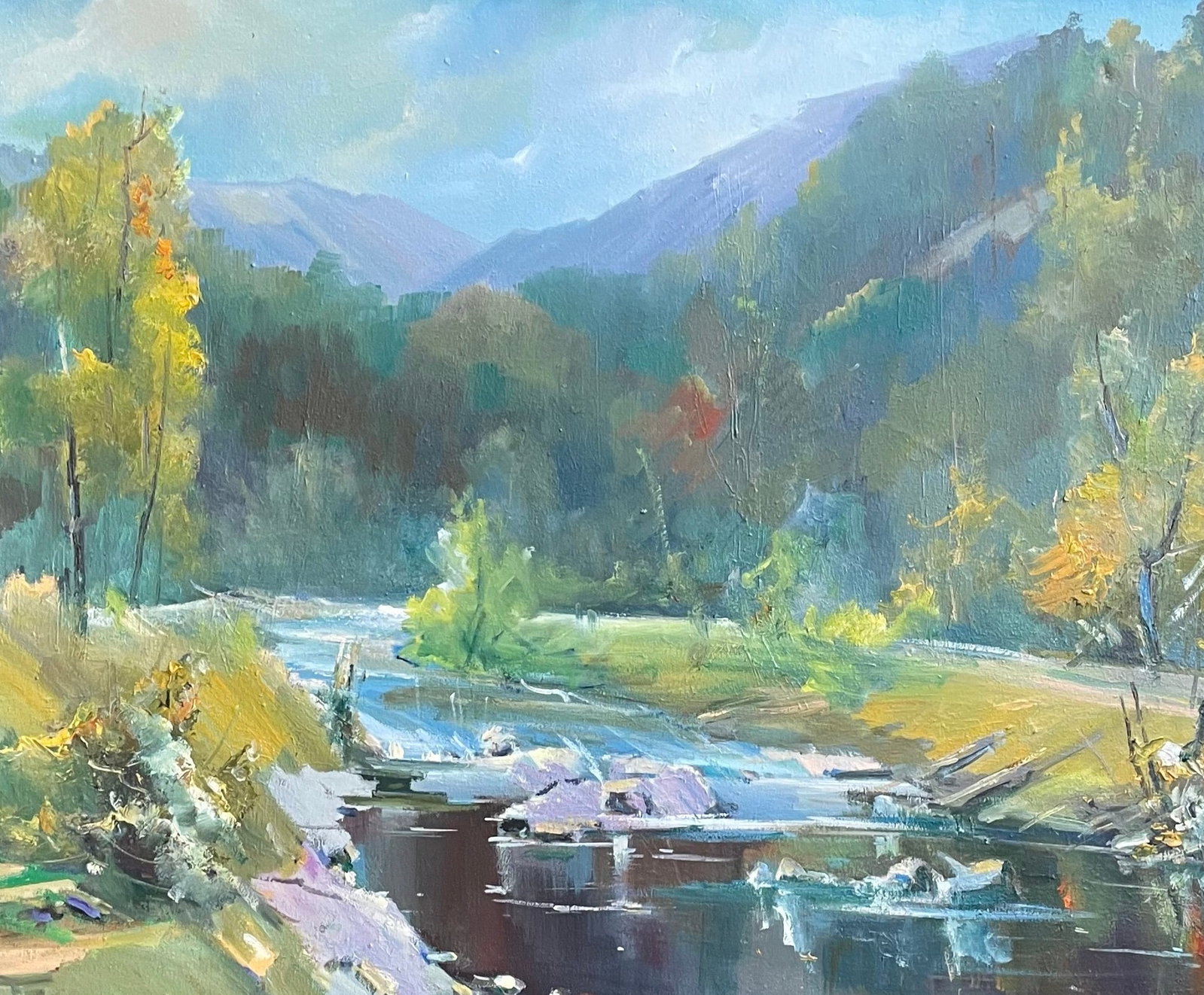 Oil painting Automn in the mountains Ivan Romanyuk: Title: Oil painting Automn in the mountains Ivan Romanyuk Description: 31ROM Painter: Ivan Romanyuk Size: 80x65 cm/31,4x25,5 inches Components: oil, canvas Original painting CONDITION: exellent ARTIST