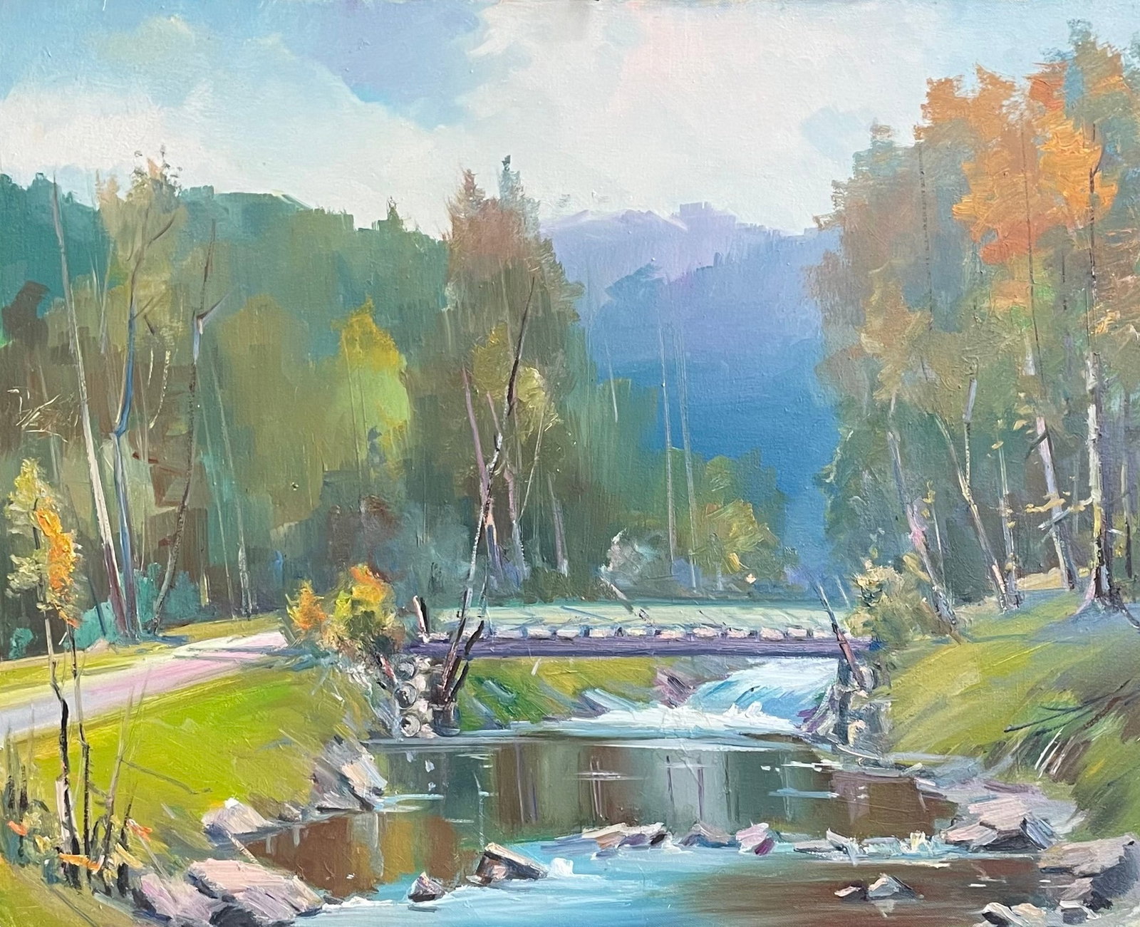 Oil painting Bridge Ivan Romanyuk: Title: Oil painting Bridge Ivan Romanyuk Description: 32ROM Painter: Ivan Romanyuk Size: 80x65 cm/31,4x25,5 inches Components: oil, canvas Original painting CONDITION: exellent ARTIST: A native of Iva