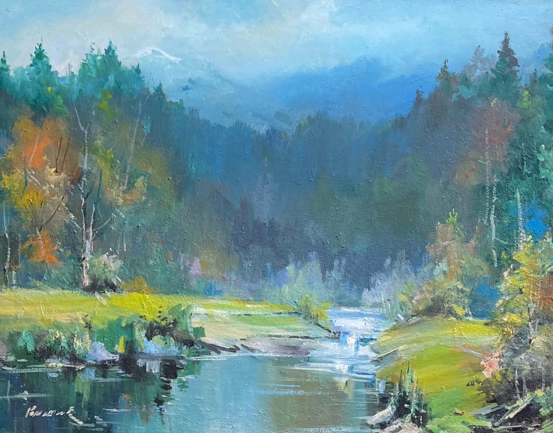 Oil painting River Ivan Romanyuk: Title: Oil painting River Ivan Romanyuk Description: 46ROM Painter: Ivan Romanyuk Size: 80x65 cm/31,4x25,5 inches Components: oil, canvas Original painting CONDITION: exellent ARTIST: A native of Ivan