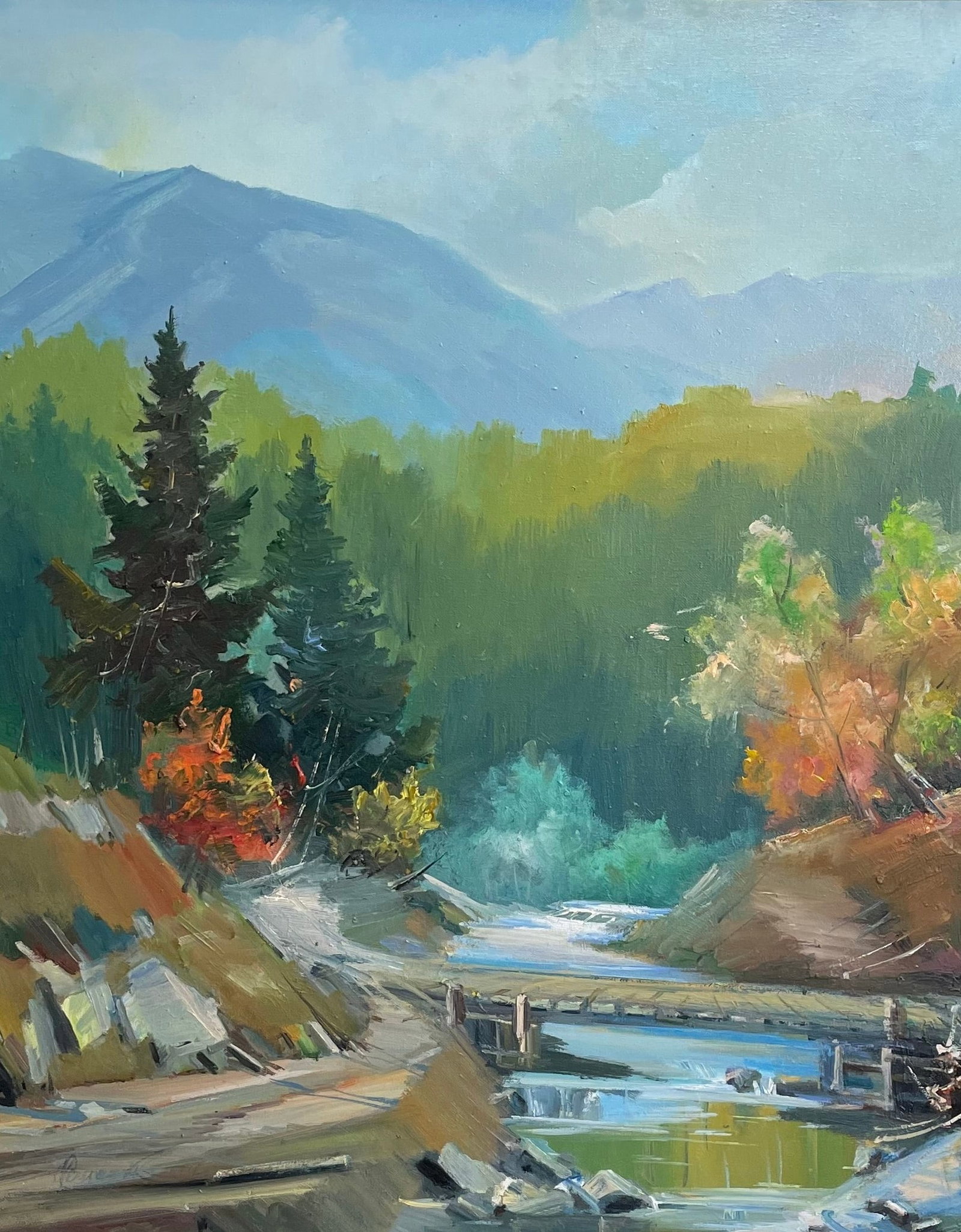 Oil painting River bridge Ivan Romanyuk: Title: Oil painting River bridge Ivan Romanyuk Description: 48ROM Painter: Ivan Romanyuk Size: 80x65 cm/31,4x25,5 inches Components: oil, canvas Original painting CONDITION: exellent ARTIST: A native 