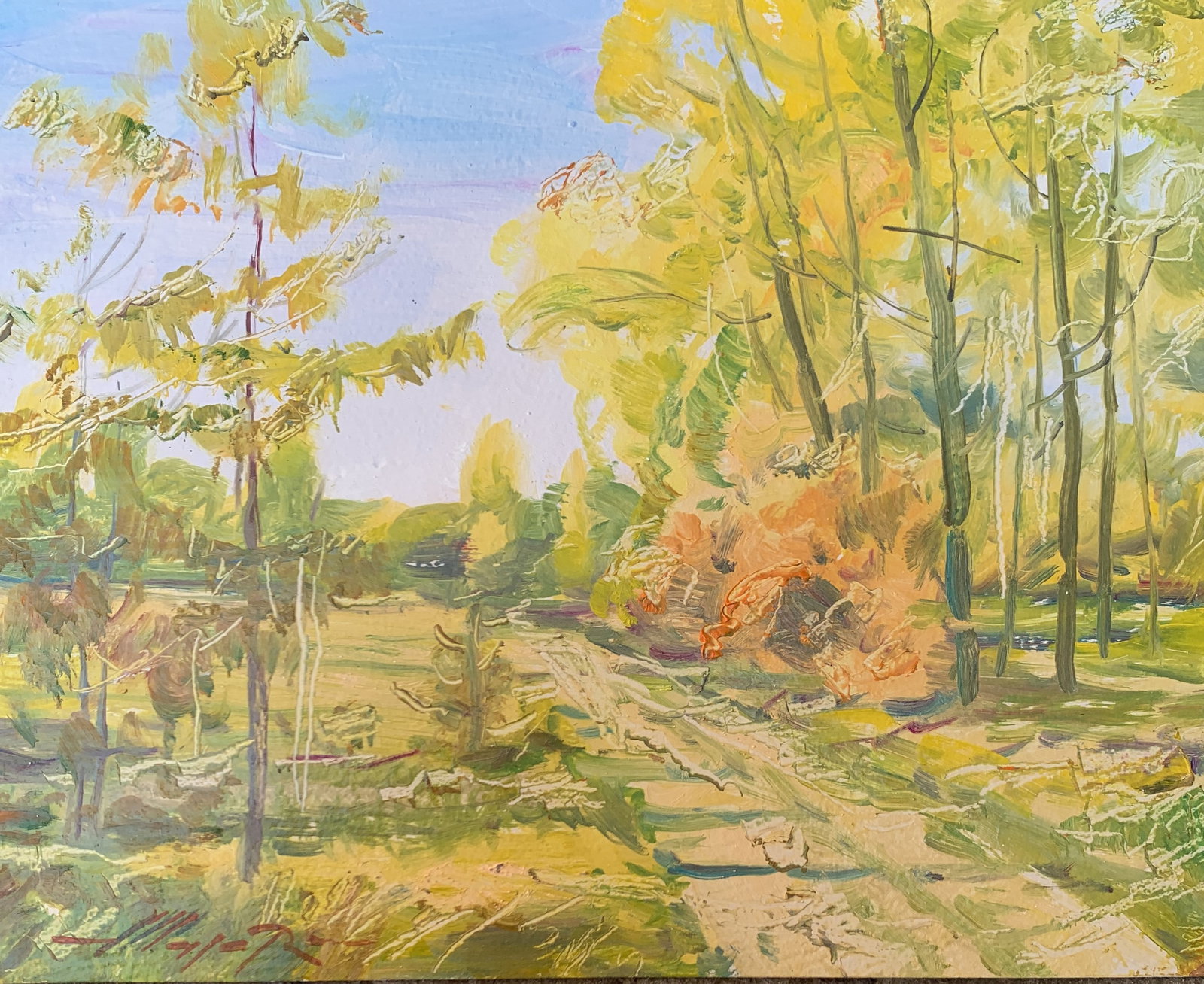 Oil painting Road in the forest Oleksandr Oleksandrovich Nazarenko: Title: Oil painting Road in the forest Oleksandr Oleksandrovich Nazarenko Description: 64NAA Painter: Oleksandr Nazarenko Size: 27x33 cm/10,63x12,99 inches Components: Oil, cardboard Original painting