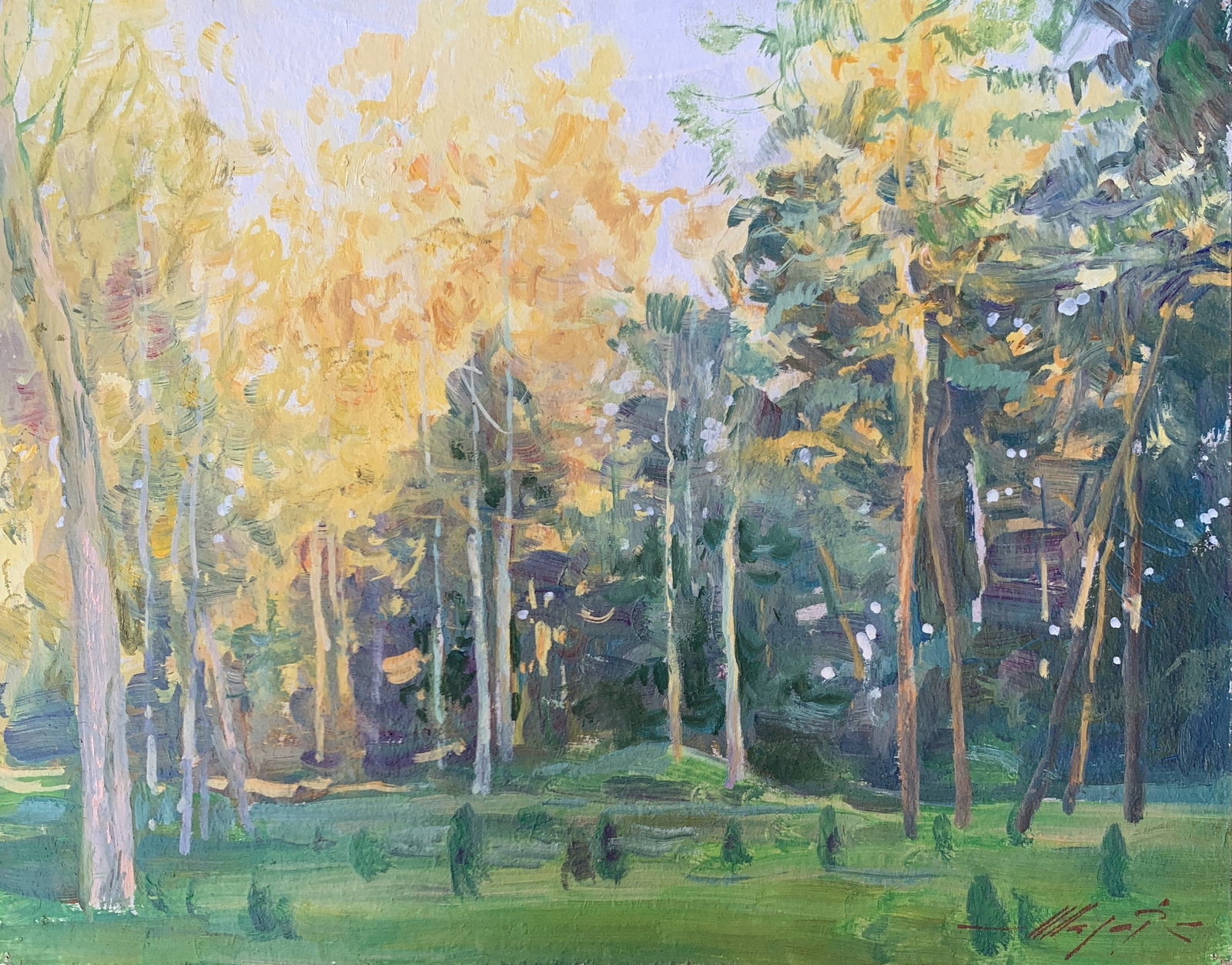 Oil painting In the forest Oleksandr Oleksandrovich Nazarenko: Title: Oil painting In the forest Oleksandr Oleksandrovich Nazarenko Description: 65NAA Painter: Oleksandr Nazarenko Size: 27x34 cm/10,63x13,38 inches Components: Oil, cardboard Original painting