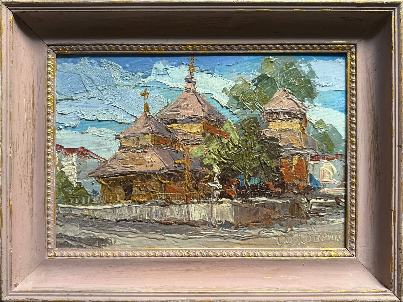Oil painting with frame a village church in the carpathians K. Leonid: Title: Oil painting with frame a village church in the carpathians K. Leonid Description: 506KK Painter: K. Leonid Size: 28x41 cm/ 11.02x16.14 inches Components: oil, canvas, fiberboard Original