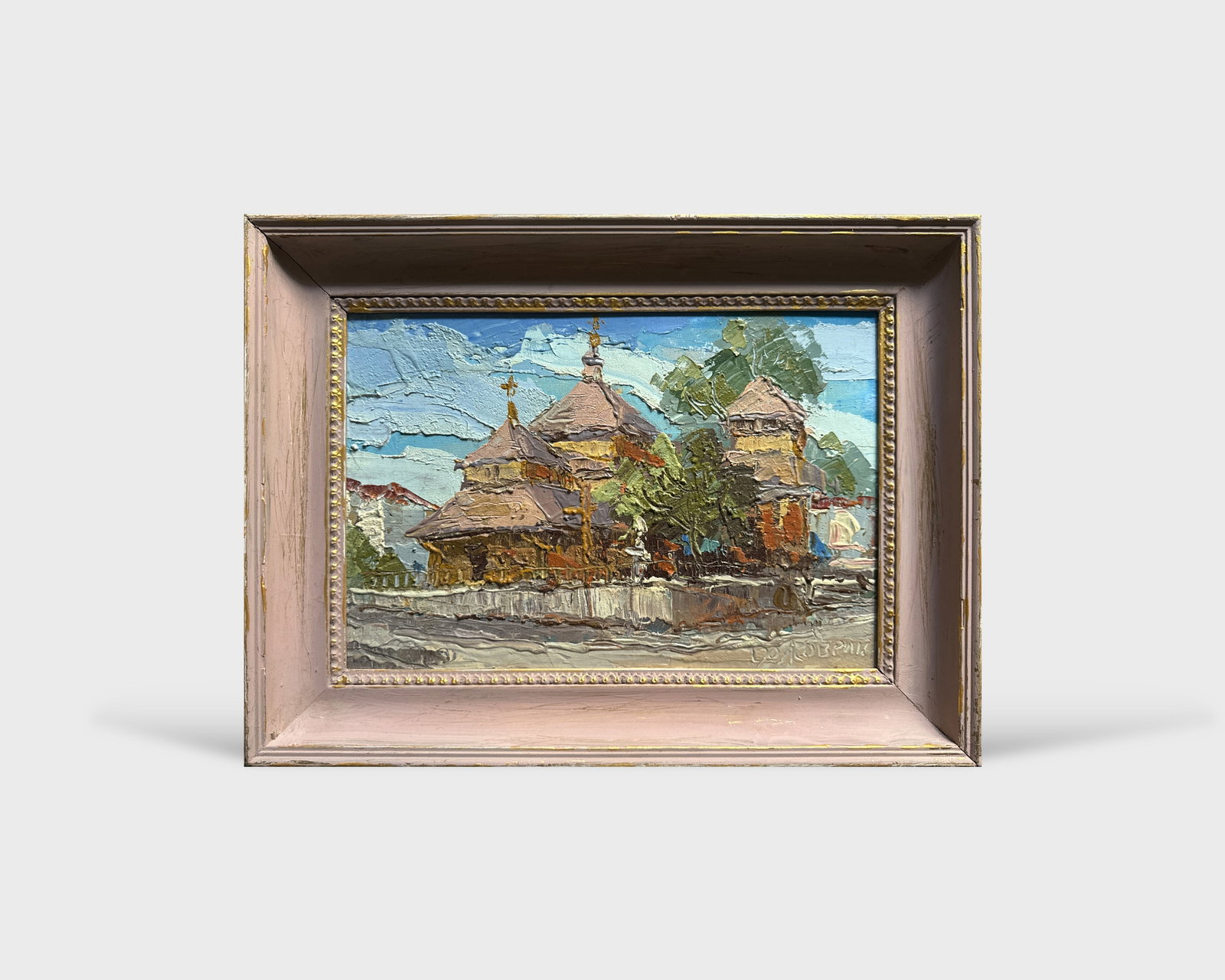 Oil painting with frame a village church in the carpathians K. Leonid - 3