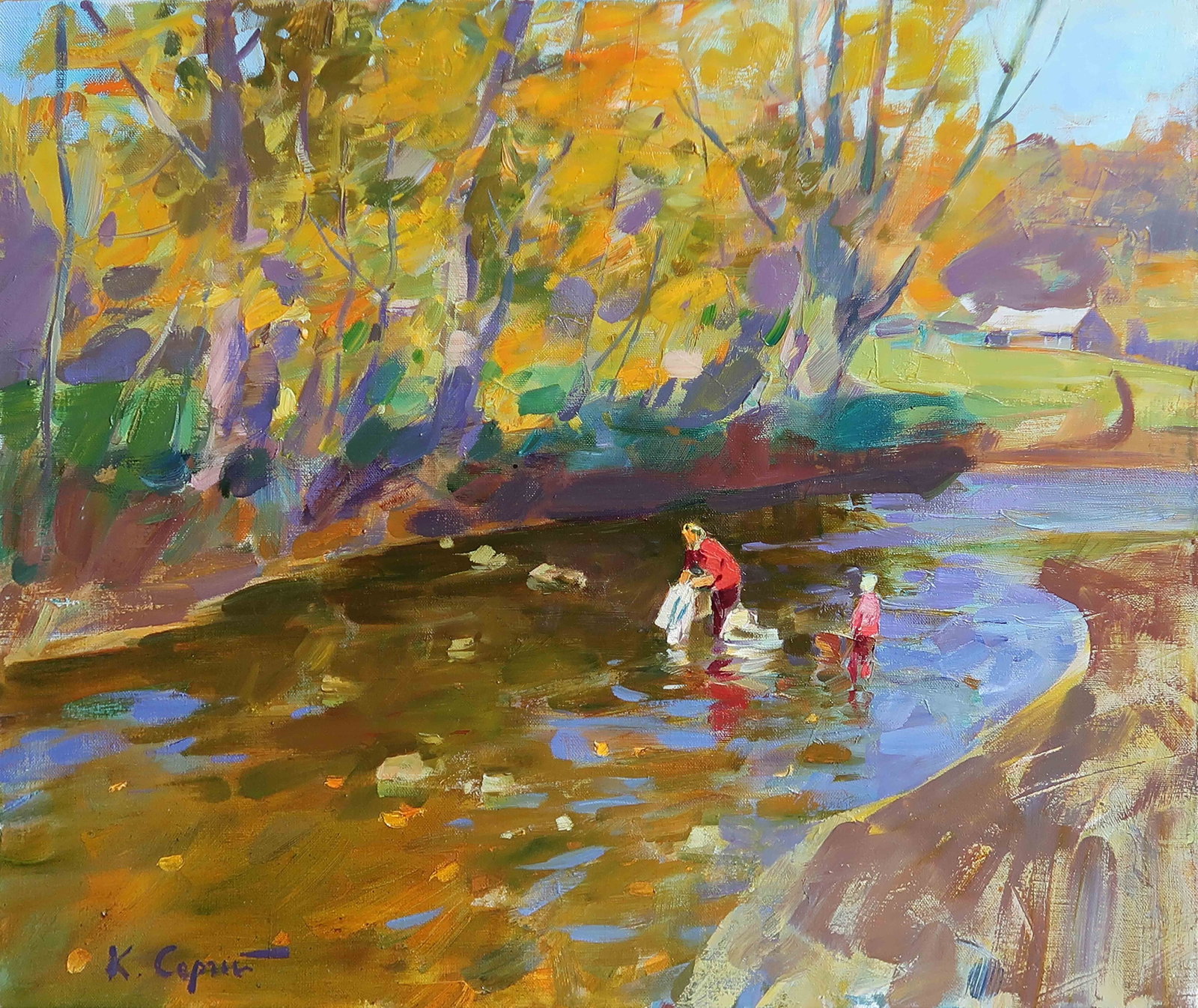 Oil painting On the river Serg Kovalenko: Title: Oil painting On the river Serg Kovalenko Description: 19SK Painter: Serg Kovalenko Size: 50x60 cm/19.7x23.6 inches Components: oil, canvas Original painting CONDITION: exellent ERA: modern Grad