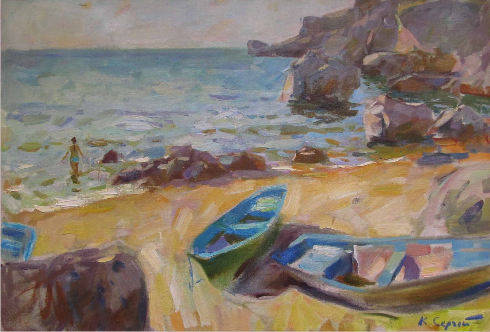 Oil painting sea Serg Kovalenko: Title: Oil painting sea Serg Kovalenko Description: 93SK Painter: Serg Kovalenko Size: 80x40 cm/31.5x15.7 inches Components: oil, canvas Original painting CONDITION: exellent ERA: modern Graduated