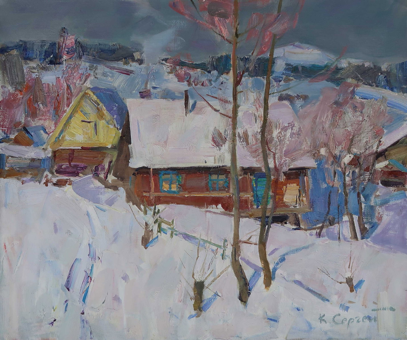 Oil painting in winter Serg Kovalenko: Title: Oil painting in winter Serg Kovalenko Description: 106SK Painter: Serg Kovalenko Size: 50x60 cm/19.6x23.6 inches Components: oil, canvas Original painting CONDITION: exellent ERA: modern