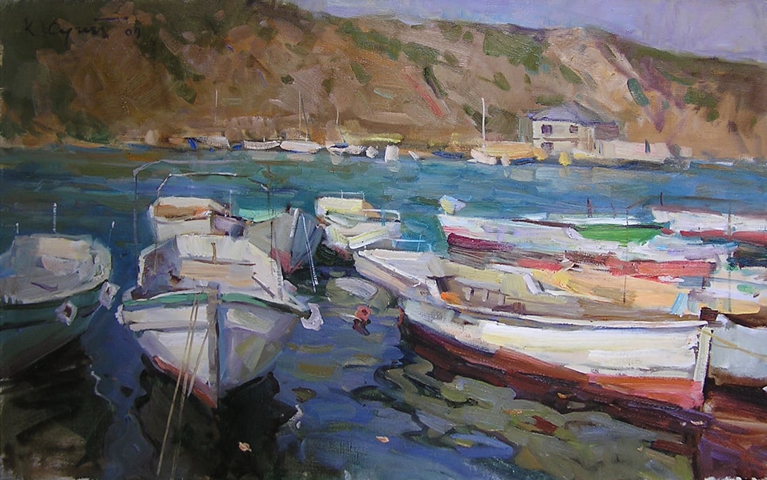 Oil painting bay Serg Kovalenko: Title: Oil painting bay Serg Kovalenko Description: 126SK Painter: Serg Kovalenko Size: 80x50 cm/31.5x19.7 inches Components: oil, canvas Original painting CONDITION: exellent ERA: modern Graduated