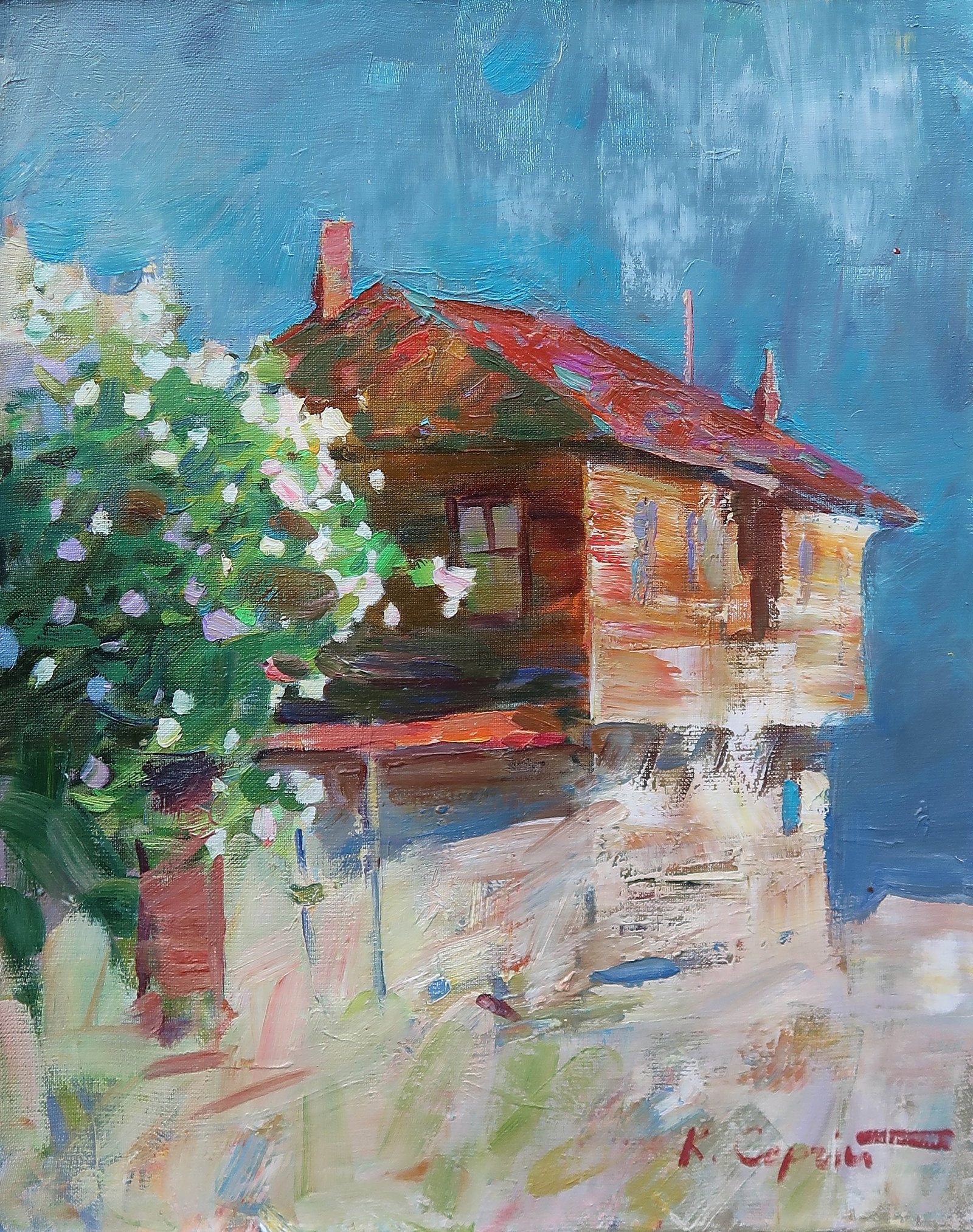 Oil painting House Serg Kovalenko: Title: Oil painting House Serg Kovalenko Description: 149SK Painter: Serg Kovalenko Size: 50x40 cm/19.7x15.7 inches Components: oil, canvas Original painting CONDITION: exellent ERA: modern Graduated