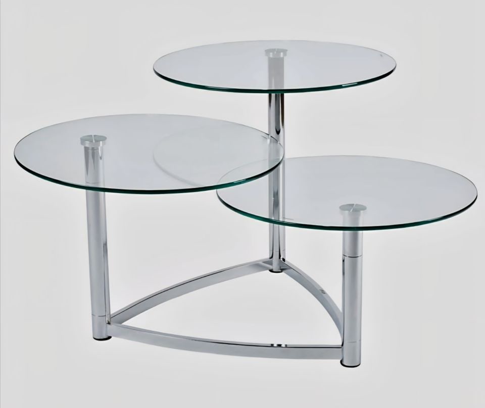 Mid-Century Style Adesso Cascade 3-Tier Glass Swivel Side Table w/ Chromed Steel Base.: Mid-Century Style Adesso Cascade 3-Tier Glass Swivel Side Table w/ Chromed Steel Base. Shipping: Domestic: Shipping rates are determined by destination International: Foreign shipping rates are determ