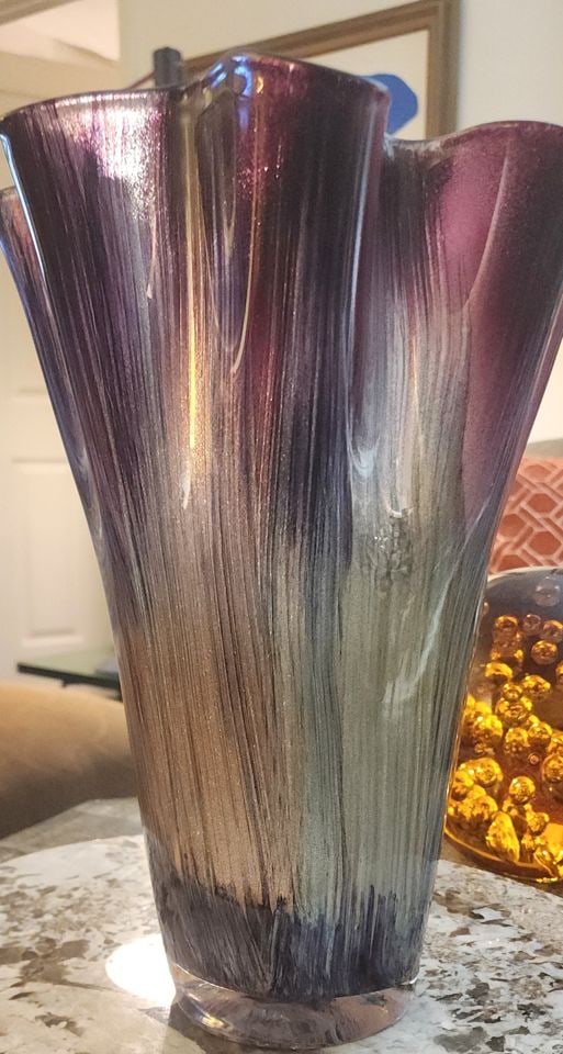 Stunning Murano Style Handkerchief Art Glass Vase w/ Blended Purple, Green & Gray Tones. 15"h - 3