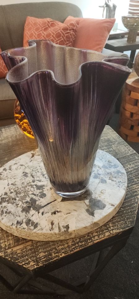 Stunning Murano Style Handkerchief Art Glass Vase w/ Blended Purple, Green & Gray Tones. 15"h - 4