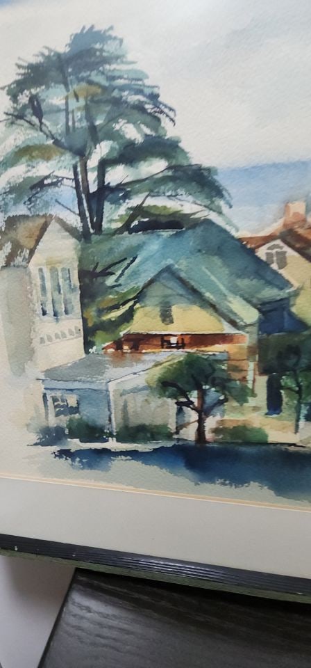 Vintage Original Watercolor Impressionist Painting of Tranquil Coastal Landscape. Signed on Back. - 3