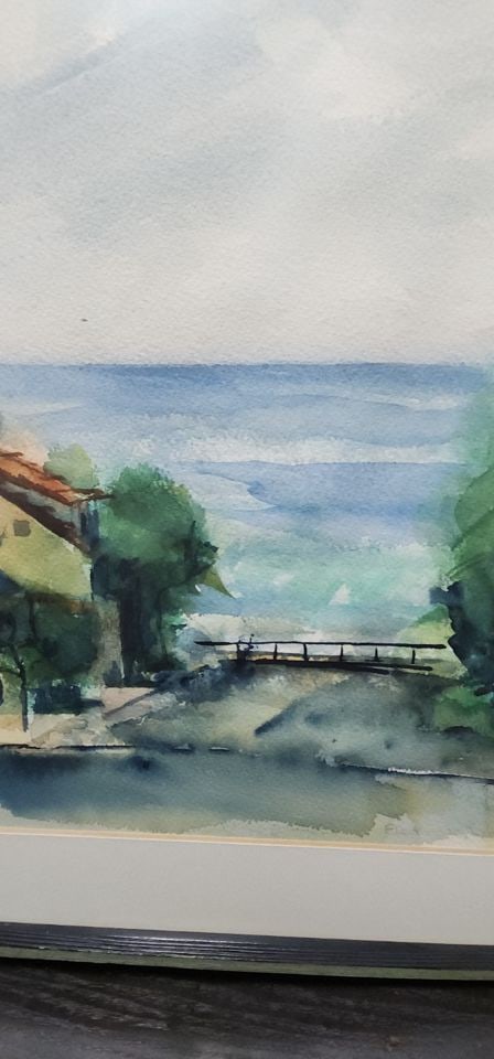 Vintage Original Watercolor Impressionist Painting of Tranquil Coastal Landscape. Signed on Back. - 4