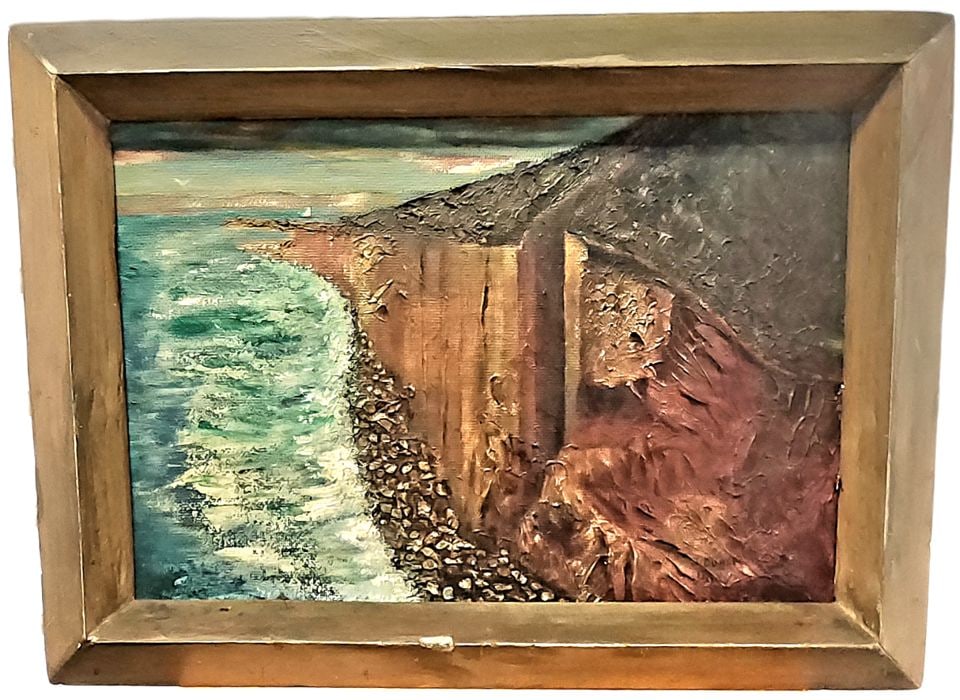 Titled North Coast this 1963 impasto painting captures the sea breaking against imposing rock cliffs - 2