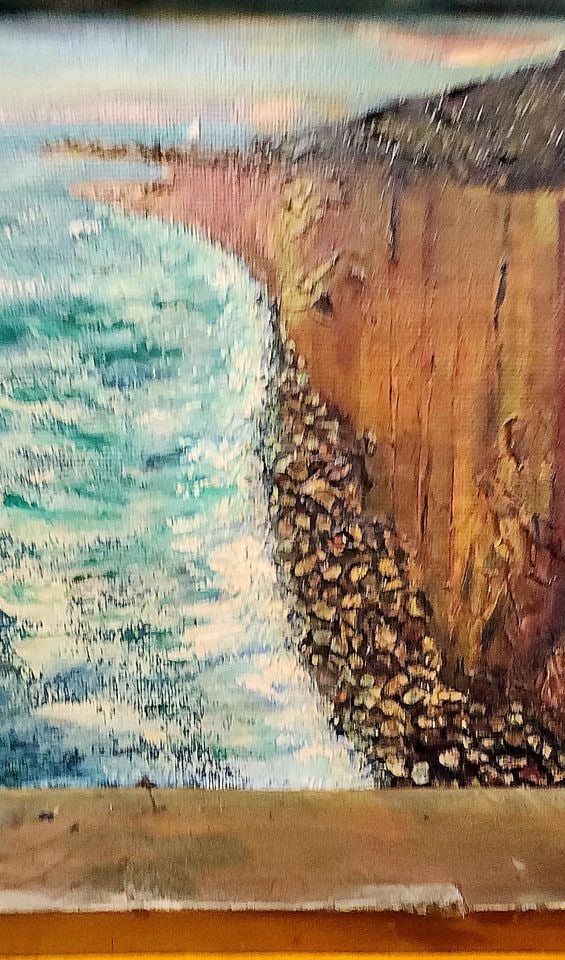Titled North Coast this 1963 impasto painting captures the sea breaking against imposing rock cliffs - 3