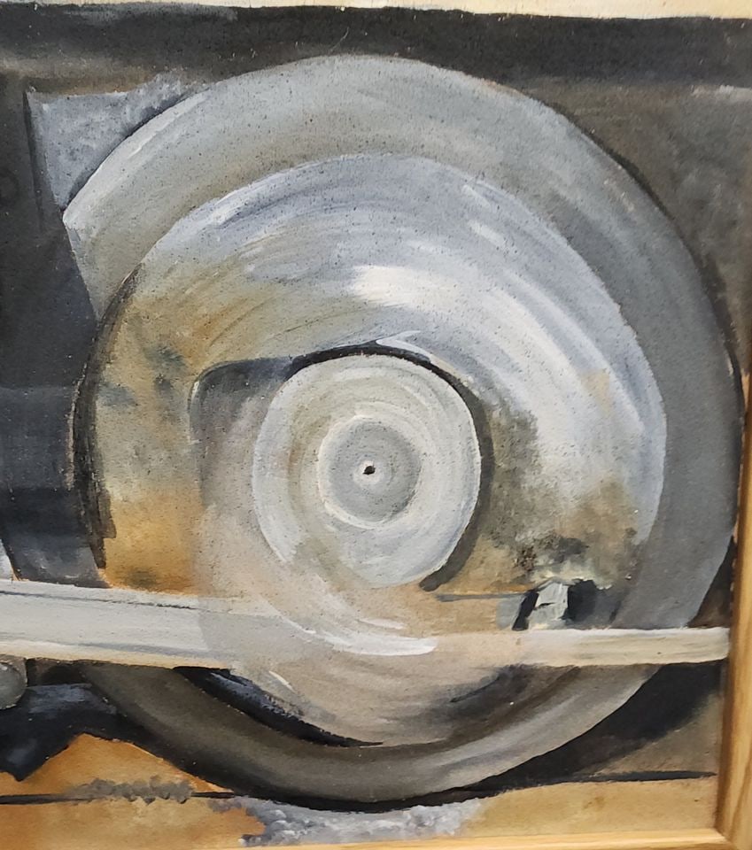 Postmodern oil painting impressionist reproduction depicting a vintage locomotive wheel assembly. - 3