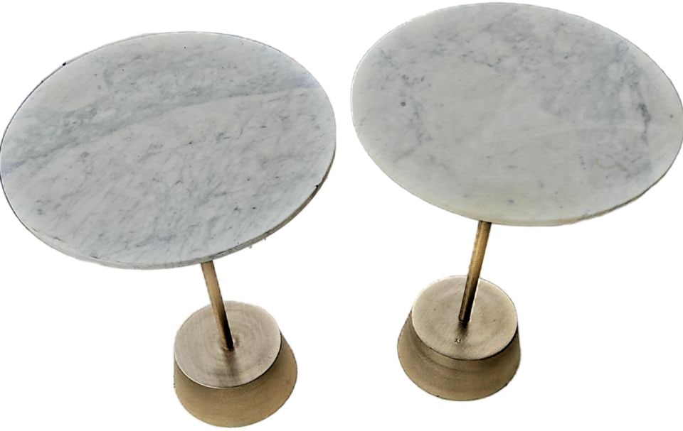 Vintage MCM West Elm 18Dx22H Heavy "Maisie Marble Side Table" Contrasted by Antique Brass Pedestal.: Elegant hi-design modern side tables by West Elm with white marble tops and antique brass pedestal bases. Each table has a circular marble surface with grey veining. The base is a solid, tapered metal