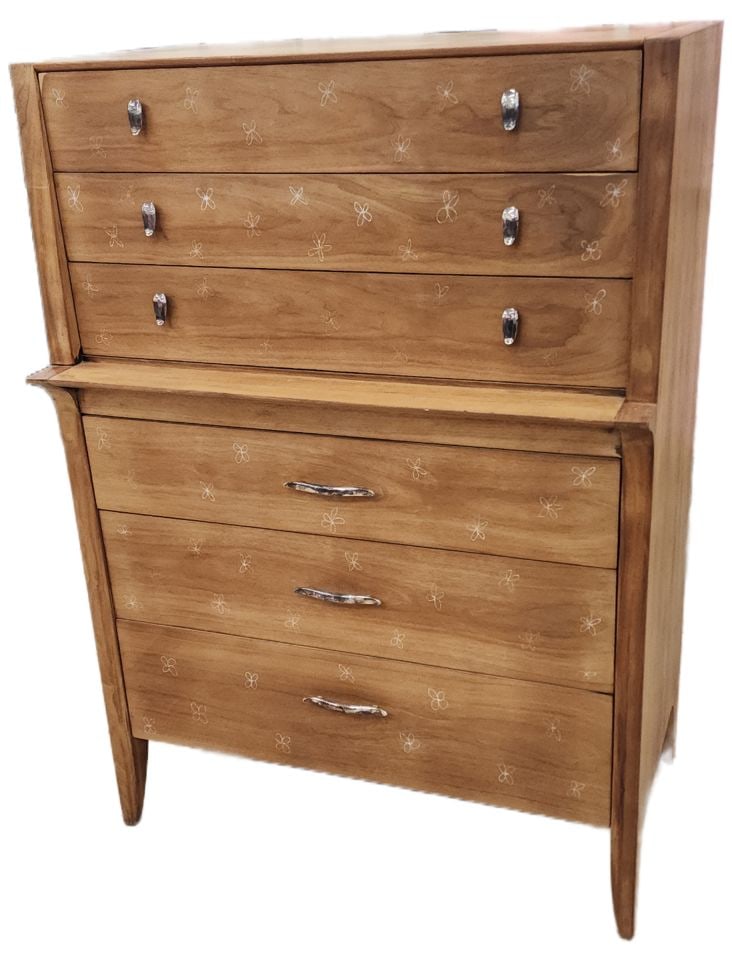 1950s Drexel Mid-Century Modern Designer 6-Drawer 34Lx18Wx48H HiBoy Walnut Dresser.: 1950s Drexel Mid-Century Modern Designer 6-Drawer 34Lx18Wx48H HiBoy Walnut Dresser. Shipping: Domestic: Shipping rates are determined by destination International: Foreign shipping rates are