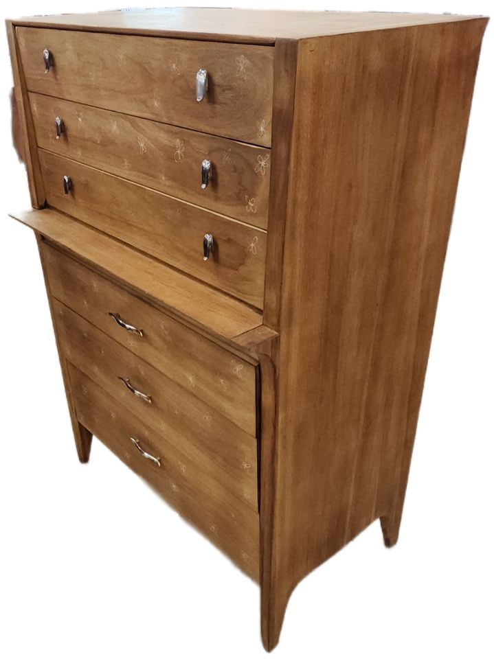 1950s Drexel Mid-Century Modern Designer 6-Drawer 34Lx18Wx48H HiBoy Walnut Dresser. - 2