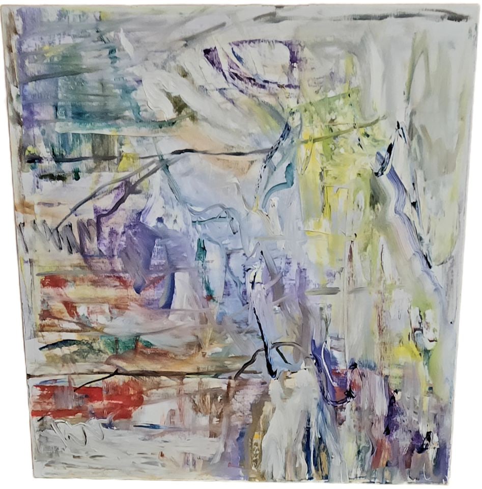 Modernist abstract painting 24"x 24" w/complex imagery and multi-color color palette. SIgned.: Vibrant modernist abstract painting with complex imagery. It has a subtle multi-color composition contrasted with an intricate pattern of dark lines. This piece is 24"x 24" and signed by the artist.