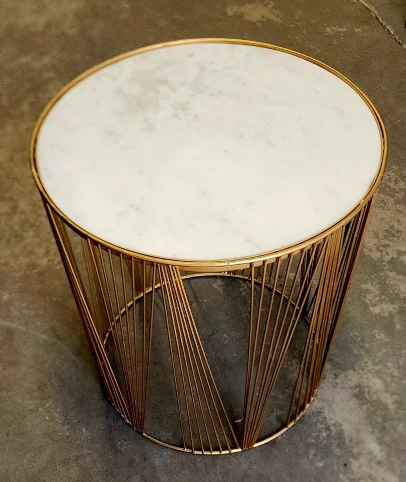Rare vintage round heavy marble side table w/ gold tone intricic art deco wire base - 3