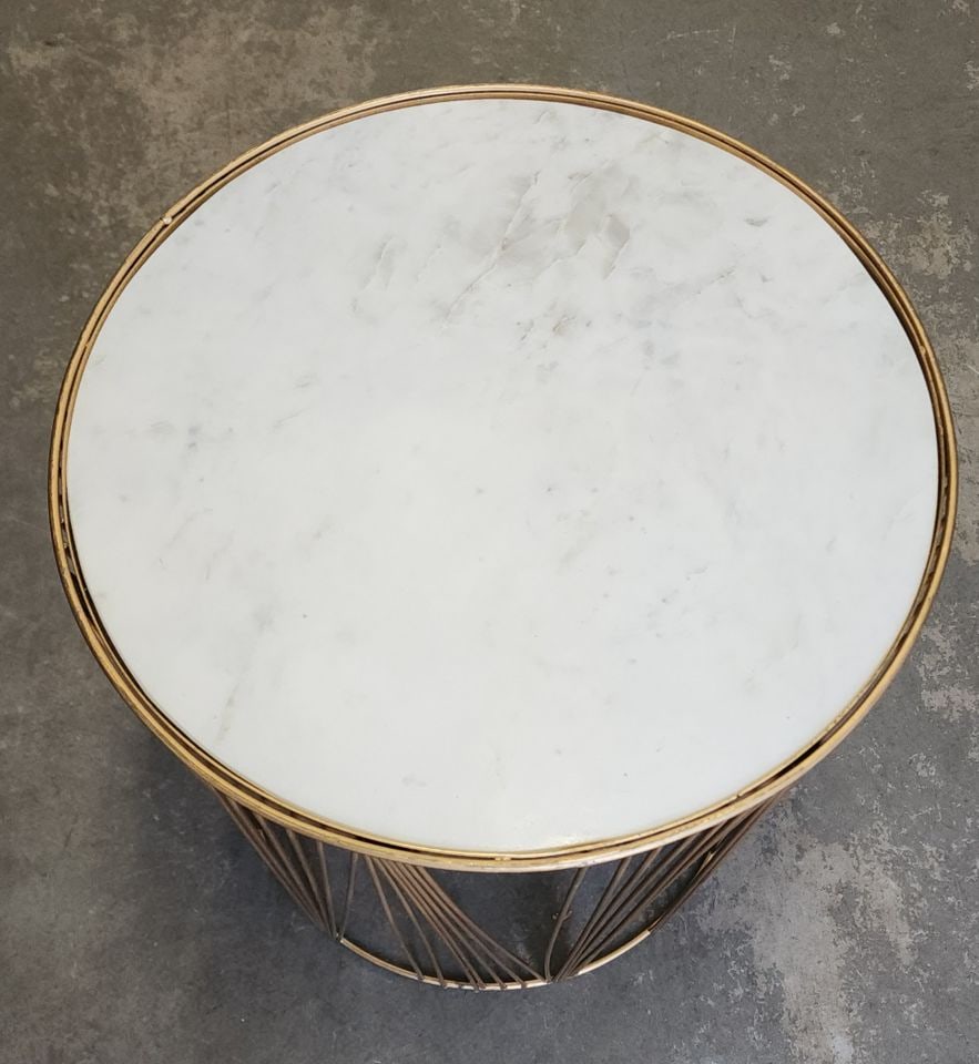 Rare vintage round heavy marble side table w/ gold tone intricic art deco wire base - 4