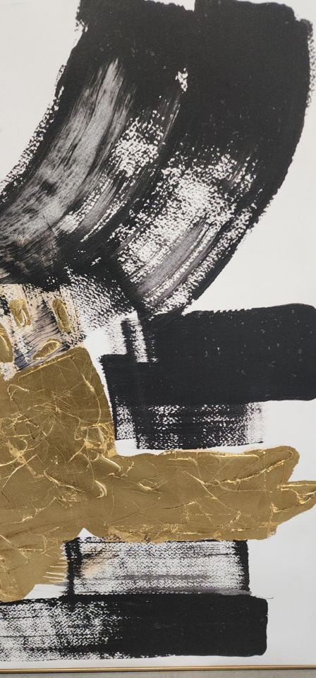 Powerful abstract giclee on canvas characterized by broad gold & black impasto brush strokes. 36x40: This giclee oil print on canvas measures 36x40 inches and presents a contemporary aesthetic. Characterized by broad gold and black impasto brush strokes, it possesses a pronounced texture. The
