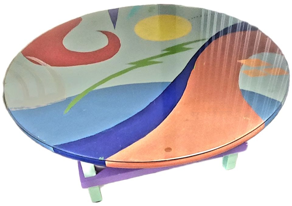 Vintage Designer Memphis Style (44" Diameter) Abstract Hand-Painted Art Coffee Table w/ Glass Top - 4